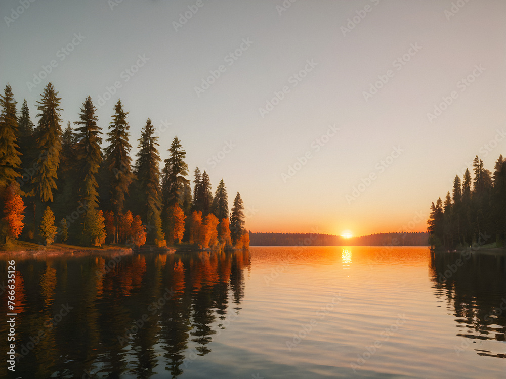 Fiery Farewell: Sunset Reflecting on Tranquil Lake. Sunset on the lake: Orange sky reflected in the calm water of the lake, among dense trees. generative AI