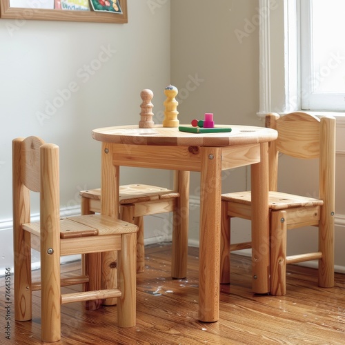 A simple wooden children s table and chairs set with a few toys  suggesting a play area for young children  lit by natural light.