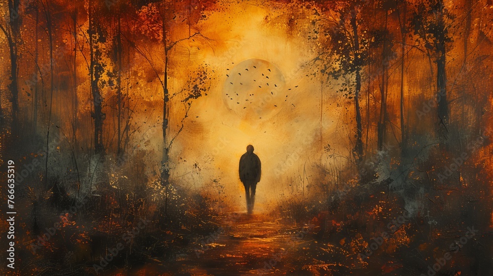 Atmospheric scene of a lone figure walking towards the sun on a path through an autumn forest, birds flying in the distance - obrazy, fototapety, plakaty 