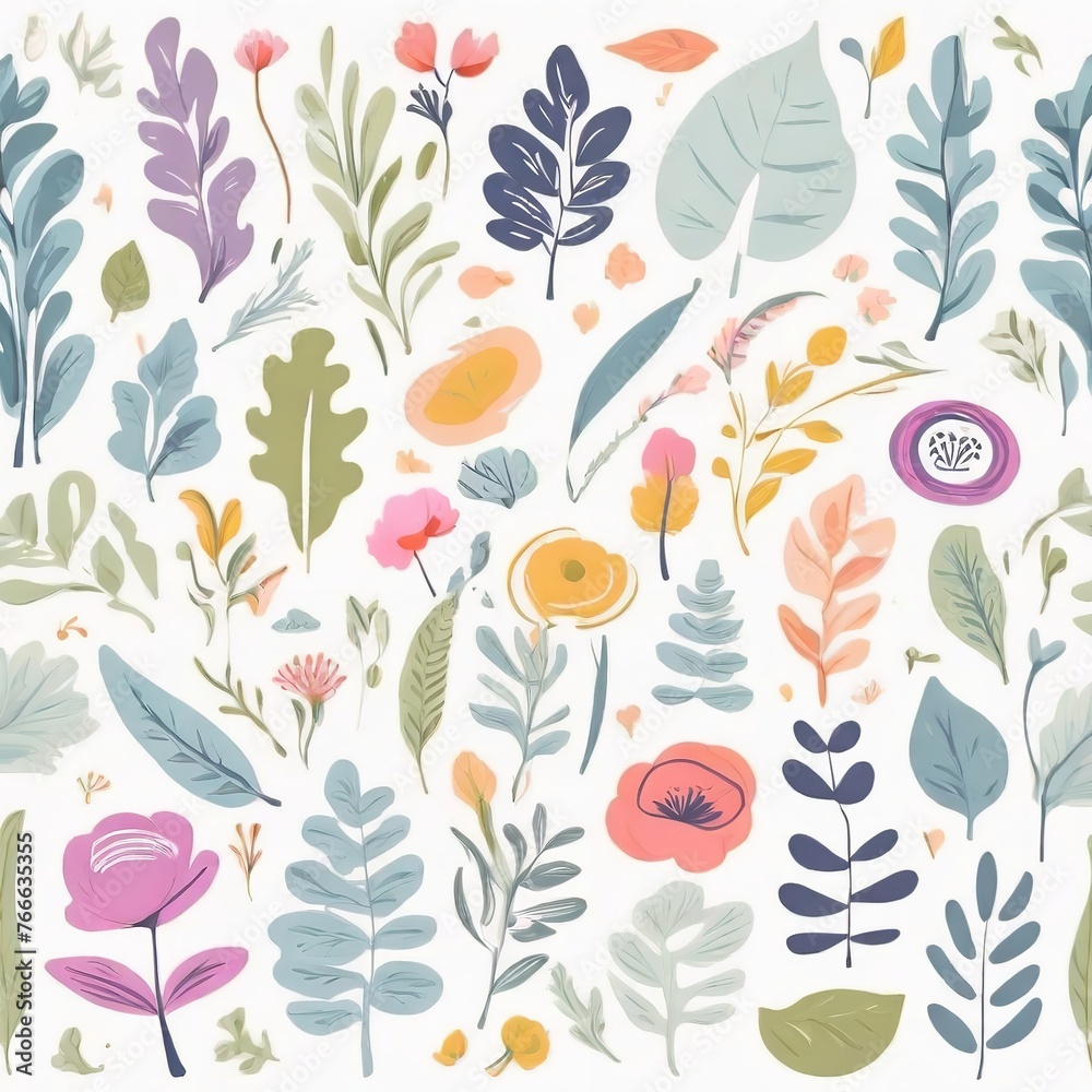 A collection of seamless pattern, colorful abstract plants and flowers. Hand drawn Collection of leaves and flowers. A close up of a pattern of flowers and leaves.
