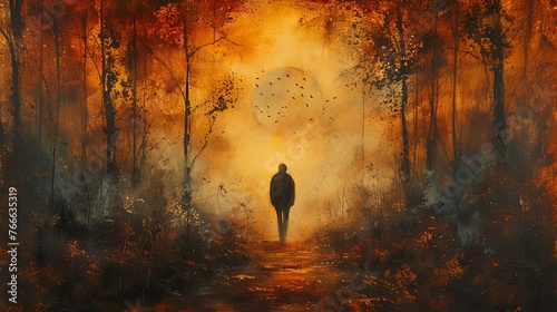 Atmospheric scene of a lone figure walking towards the sun on a path through an autumn forest, birds flying in the distance