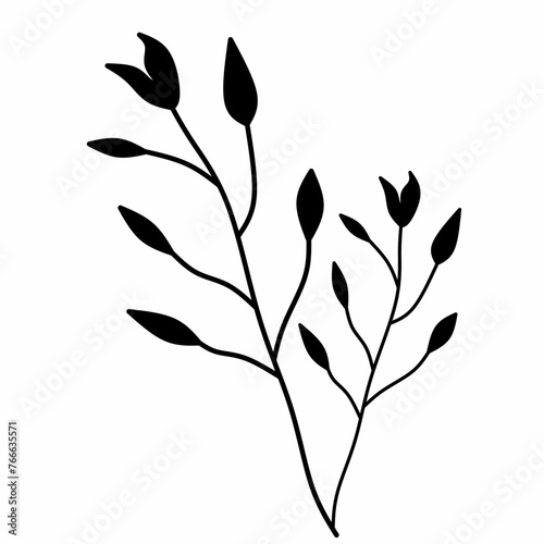 Silhouette branch icon with leaves and stem in modern style. Vector leaves on white background. Suitable Decorative botanical elements.