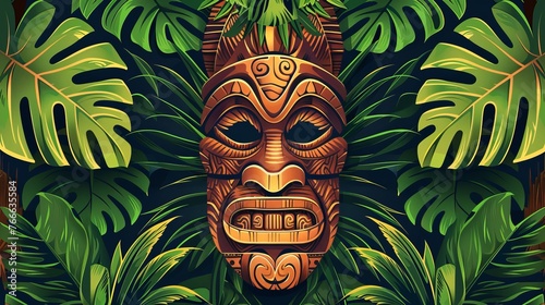 
In this vibrant vector illustration, a traditional Tiki mask with a human face emerges from the lush green leaves of tropical plants.  photo