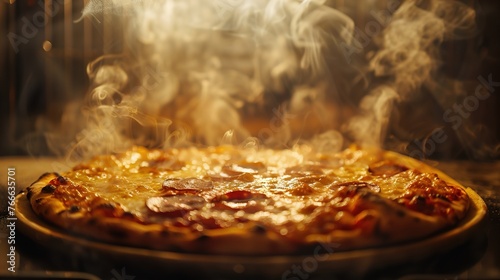A dramatic image of a pizza being pulled out of the oven, showcasing the steam rising from the hot, cheesy surface.
