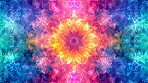 This abstract kaleidoscope background showcases a beautiful and intricate multicolor texture, reminiscent of a mesmerizing kaleidoscope pattern. 