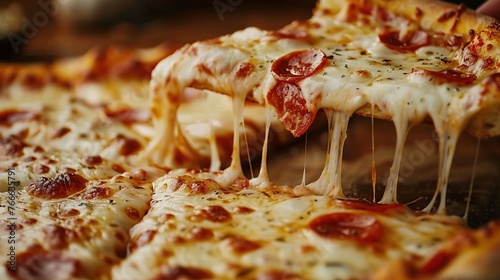 A dynamic shot capturing the moment when a slice of pizza is being lifted, stretching the gooey cheese.