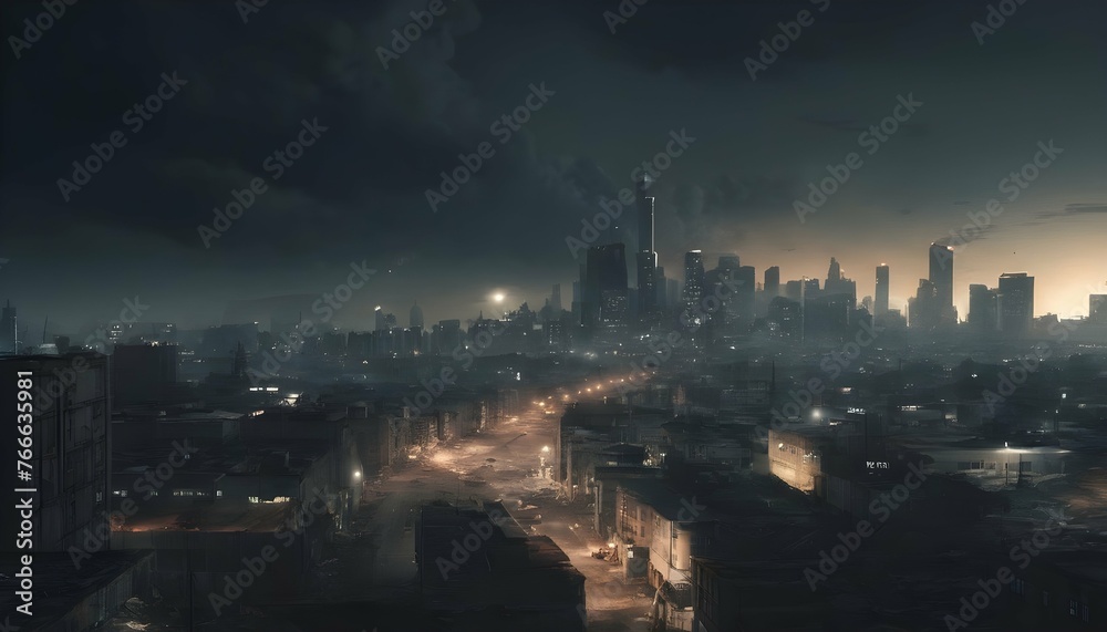 A Post Apocalyptic Cityscape At Night With A Poll