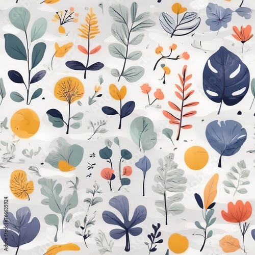 A collection of seamless pattern  colorful abstract plants and flowers. Hand drawn Collection of leaves and flowers. A close up of a pattern of flowers and leaves. 