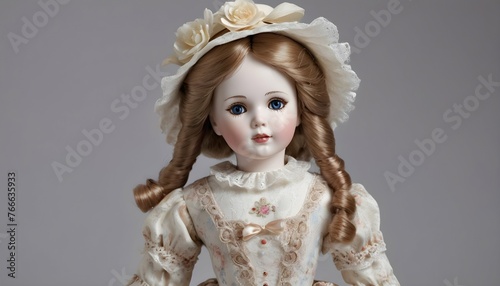 A Porcelain Doll With An Intricate Dress And Porce