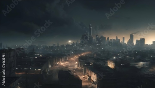 A Post Apocalyptic Cityscape At Night With A Poll