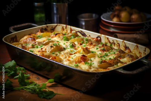 Baked Potato and chicken casserole in a dish. Generated AI