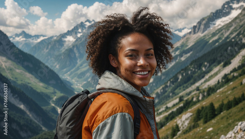 Ragazza di origini africane sorride felice durante una vacanza mentre cammina in un trekking estivo in montagna su un sentiero delle  Alpi  photo