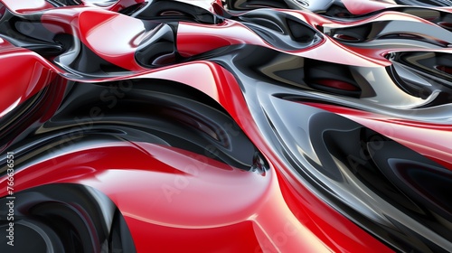 Red and black glossy abstract waves. 3D rendering.