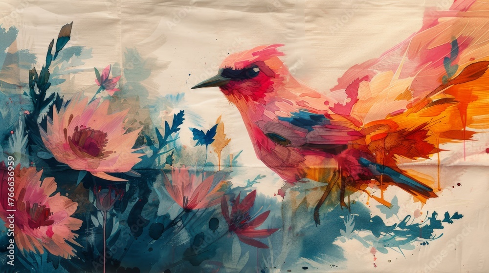 Artistic depiction of a colorful bird in mid-flight among expressive floral strokes, blending nature with abstract art