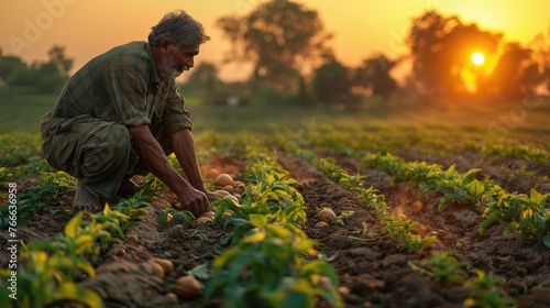 farmer working in crops field in sunrise background
