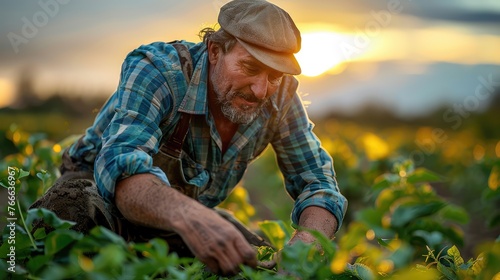 farmer working in crops field in sunrise background photo