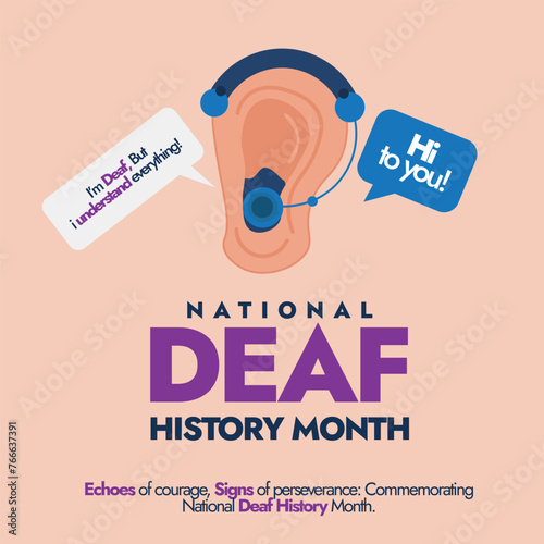National Deaf history month. Deaf history month from April 1 to 30 celebration post with ear icon and hearing aid on it. Banner to celebrate he achievements of people who are deaf and hard of hearing