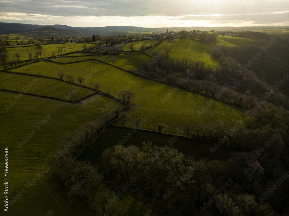 green aerial drone view landscape of agricultural fields