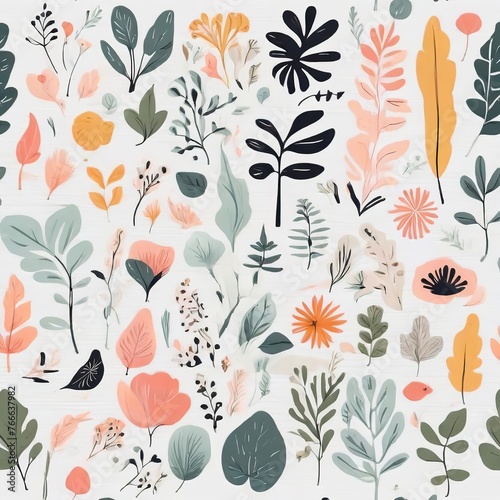 A collection of seamless pattern, colorful abstract plants and flowers. Hand drawn Collection of leaves and flowers. A close up of a pattern of flowers and leaves.
