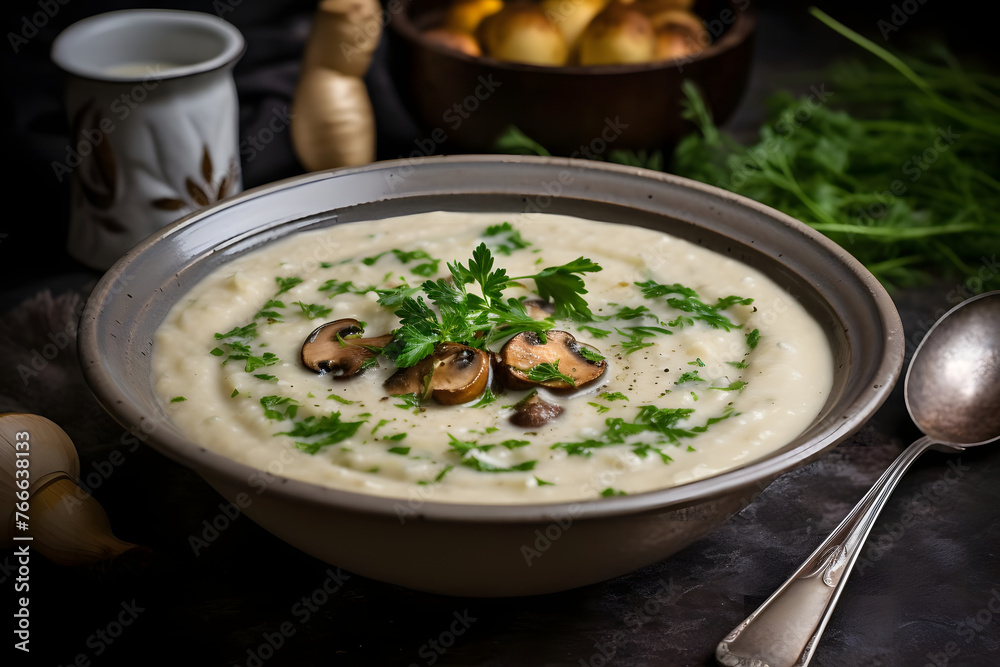 Creamy Potato and mushroom soup in a bowl. Generated AI