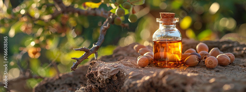 Argan essential oil on a wooden background