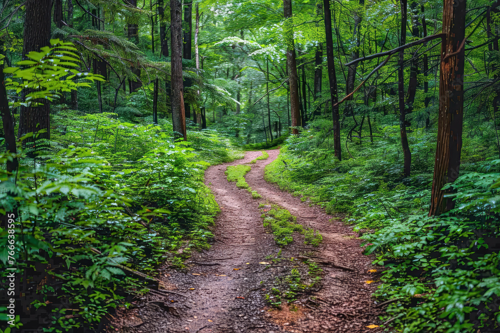 Trail through a lush green forest, tranquil nature hike path through the woods, service road in the peaceful wilderness Trail through a lush green forest, tranquil nature hike path through the woods, service road in the peaceful wilderness
