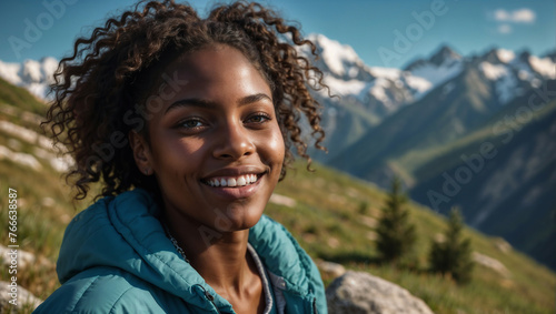 Ragazza di origini africane sorride felice durante una vacanza mentre cammina in un trekking estivo in montagna su un sentiero delle  Alpi 