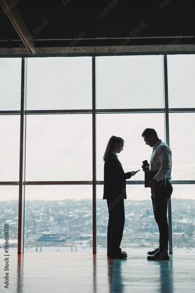 A man and a woman are standing in the office against the background of a large panoramic window. Modern spacious workspace with employees. Business partners A man and a woman are standing in the office against the background of a large panoramic window. Modern spacious workspace with employees. Business partners