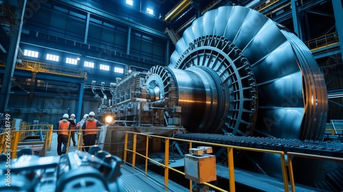 Engineers Inspecting Turbine Machinery in a High-Tech Factory, Heavy Turbine Equipment, Assembly Plant