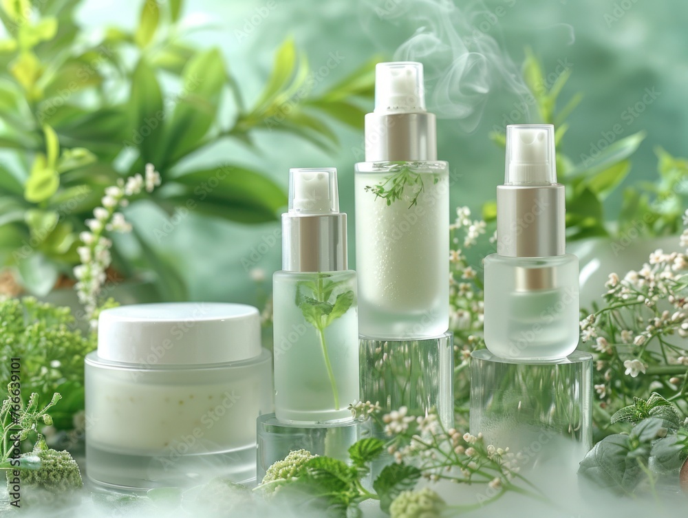 A transparent glass stand presents an array of skincare products against a backdrop of light pastel colors, adorned with delicate flowers and plants. A transparent glass stand presents an array of skincare products against a backdrop of light pastel colors, adorned with delicate flowers and plants.
