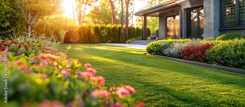 Beautiful garden in the backyard of a house, with manicured green grass, shrubs, flowers and beautiful sunshine.
