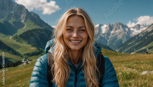 Ragazza bionda sorride felice mentre cammina durante un trekking estivo in montagna su un sentiero delle Alpi photo