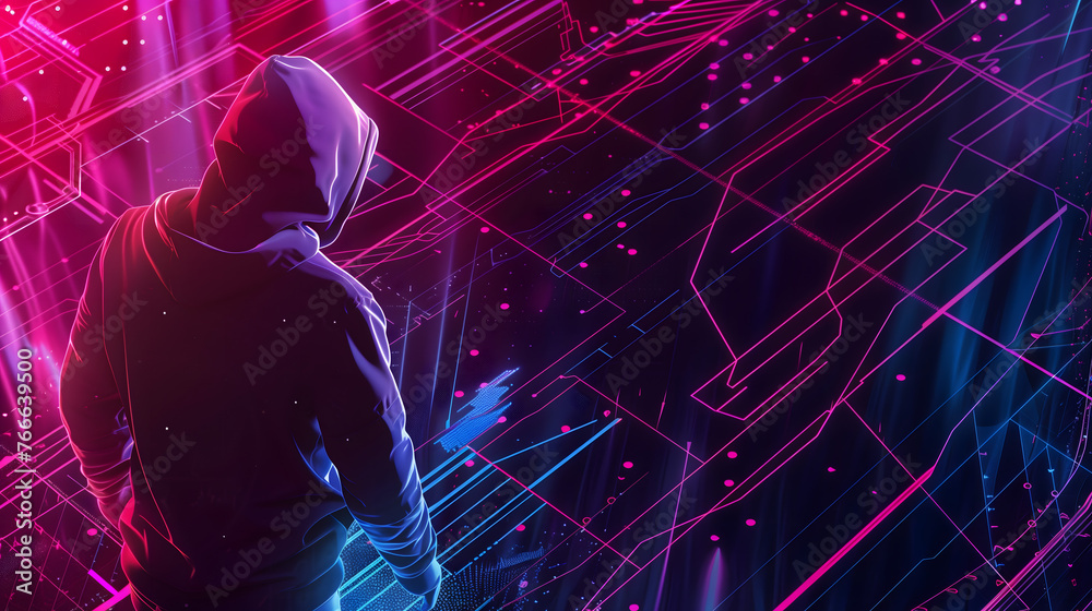 A mysterious hacker, cloaked in a hood, stands amidst dynamic, neon ...