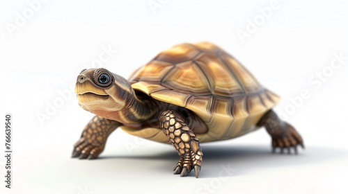 A cute baby turtle is walking towards the camera with a smile on its face. The turtle has a light brown shell and yellow skin. © Factory