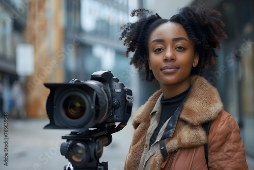 Young African American filmmaker leading a diverse crew in an urban setting showcasing her vision and leadership skills. Concept Representation in Filmmaking, Urban Leadership, Diverse Crew © Anastasiia