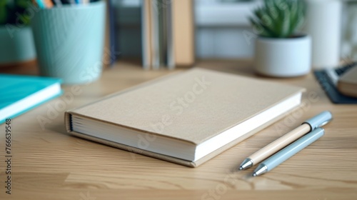 A desk with a notebook  two pens  and a potted plant on it. The notebook is closed and has a blank cover. The pens are blue and brown.