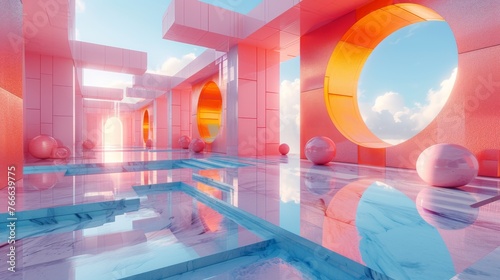 A vibrant digital art piece featuring a surreal, geometric landscape with reflective water surfaces under a soft pink sky.