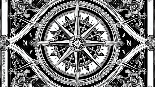 An illustration of a compass with an ornate frame. The compass is black and white, with a detailed design.