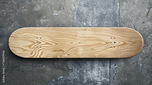 A wooden skateboard deck with a natural wood grain finish. The deck is mounted on a white concrete background. photo