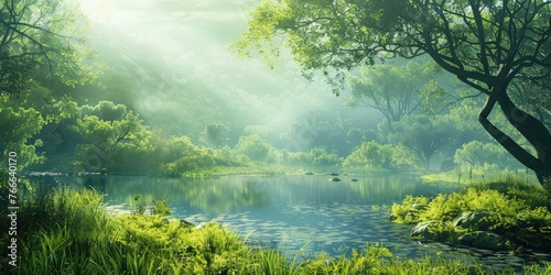 Quiet and calm landscape background with a lake and a forest against a pure natural sky © Classy designs