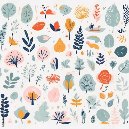 A collection of seamless pattern, colorful abstract plants and flowers. Hand drawn Collection of leaves and flowers. A close up of a pattern of flowers and leaves.
