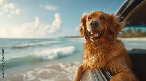 Happy golden retriever enjoying a car ride by the seaside on a sunny day  © Athena