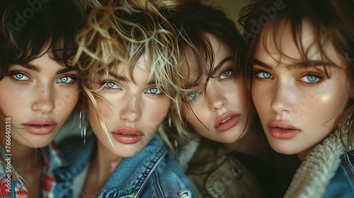 Four young women with striking blue eyes and trendy hairstyles pose closely together, exuding confidence and beauty in a dynamic group portrait  photo