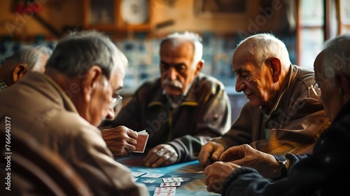 Elderly men intensely focused on a game of cards around a table in a warm  indoor environment. 