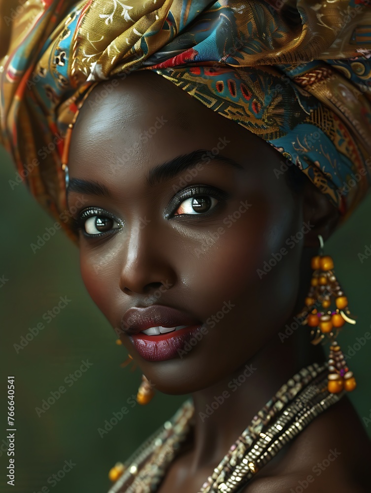 Portrait of a beautiful woman with an elegant headscarf and striking jewelry against a dark background. 