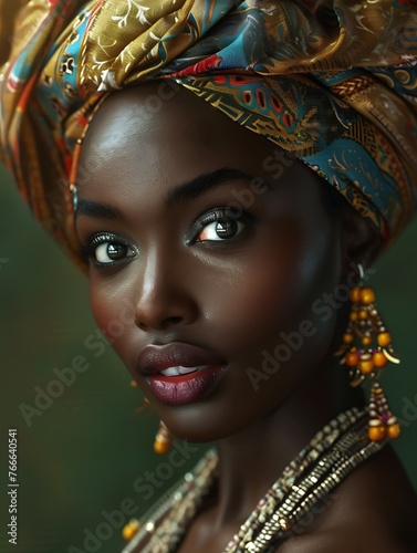 Portrait of a beautiful woman with an elegant headscarf and striking jewelry against a dark background. 