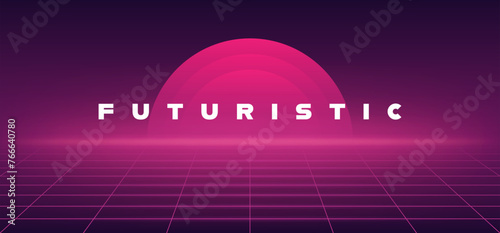 Futuristic perspective grid background. Abstract cyberpunk wireframe with pink grid line and sun on dark pink background with shiny and glowing effect. Virtual reality landscape in 80s 90s style