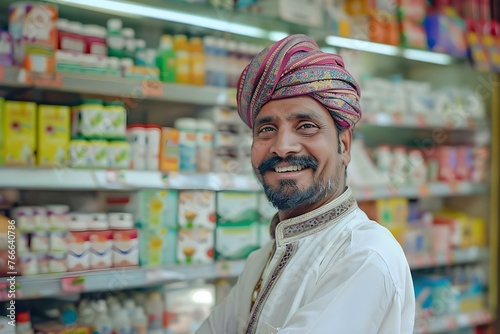 Indian pharmacy technician in traditional clothing assisting customers with a smile creating a positive experience. Concept Indian culture, Pharmacy technician, Traditional clothing