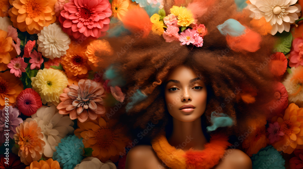 afro woman surrounded by flowers afro woman surrounded by flowers