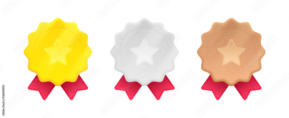 Gold, silver and bronze medal with star and red ribbon in 3d style with ...